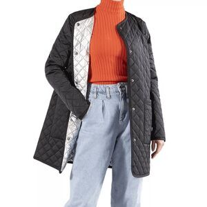 JANE POST $350 Long Reversible Collarless Quilted Coat Silver/Black Women’s Medi